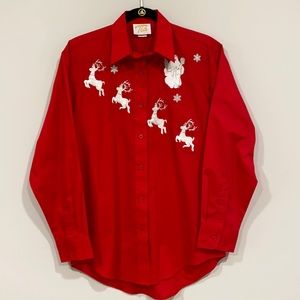 Tia Designs Red Christmas Shirt with Silver and White Santa and Reindeer